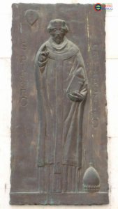 Cattedrale della Ss.ma Trinità, facciata – Pannello in bronzo, San Pietro Celestino, 1997